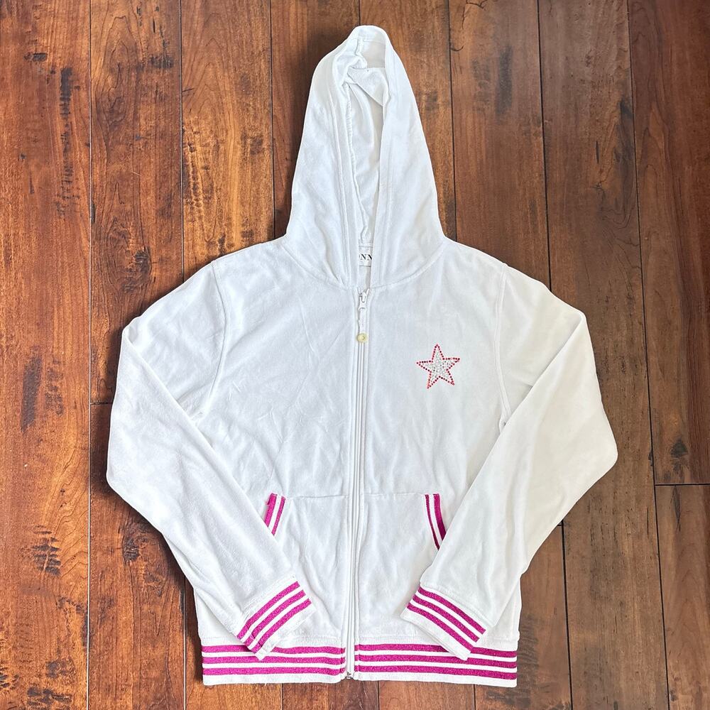 Y2K Donna Velour Track Jacket Womens L White Pink Stripes Rhinestones Glitter